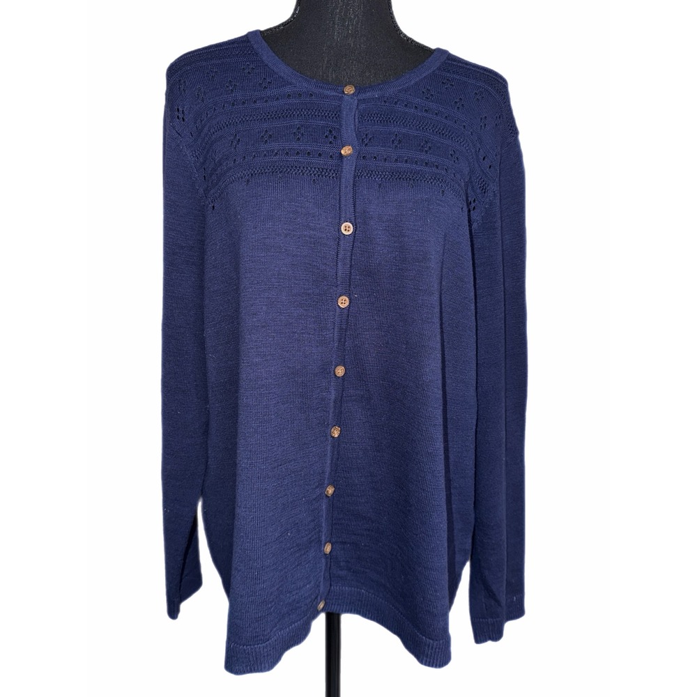 Coldwater Creek Navy Blue Pointelle Knit Button Front Cardigan Sweater XL